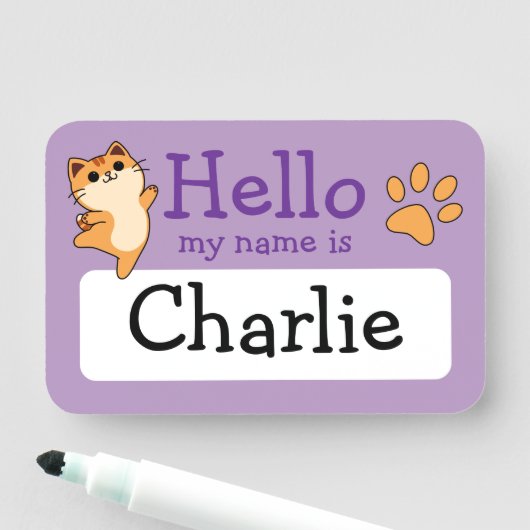 Cartoon Orange Cat, Paw Print, Custom, Lila Namensschild (Beispiel)