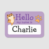 Cartoon Orange Cat, Paw Print, Custom, Lila Namensschild (Vorderseite)