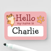 Cartoon Orange Cat, Paw Print, Custom, Pink Namensschild (Beispiel)
