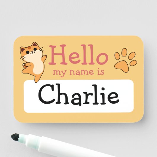 Cartoon Orange Cat, Paw Print, Custom, Yellow Namensschild (Beispiel)