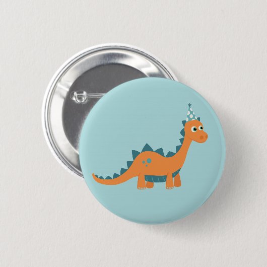 Cartoon Orange-Dinosaurier mit Party-Hut Button (Vorne & Hinten)