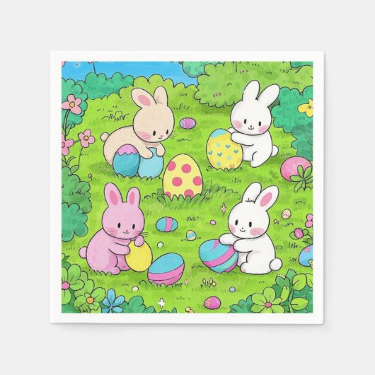 Cartoon Osterbrunnes und bunte Eier Serviette (Vorderseite)