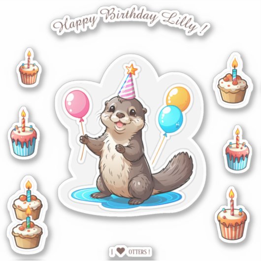 Cartoon Otter Happy Geburtstag Personalisiert Aufkleber (Vorderseite)