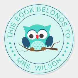 Cartoon Owl Dieses Buch gehört Personalisiert Runder Aufkleber