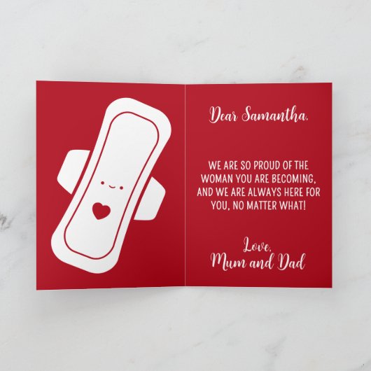 Cartoon Pads Red Script Daughter Erster Zeitraum Karte (Innenseite)