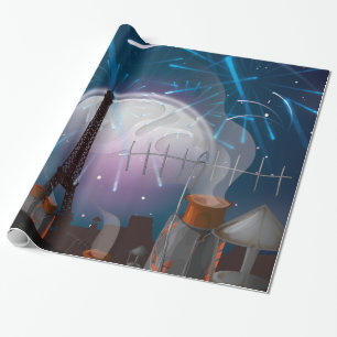 Cartoon Paris Skyline mit Fireworks Geschenkpapier