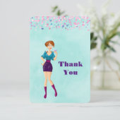 Cartoon Party Girl with Pink Confetti Vielen Dank Dankeskarte (Stehend Vorderseite)