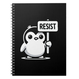 Cartoon Penguin Holding "RESIST" Zeichen - B & W Notizblock