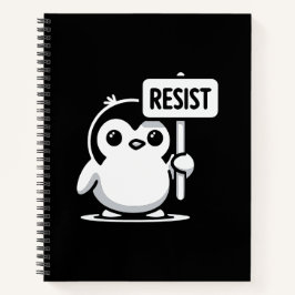 Cartoon Penguin Holding "RESIST" Zeichen - B & W Notizblock