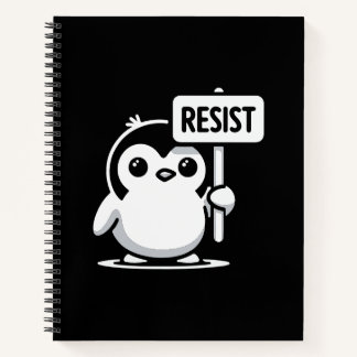 Cartoon Penguin Holding "RESIST" Zeichen - B & W Notizblock