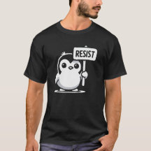 Cartoon Penguin Holding "RESIST" Zeichen - B & W
