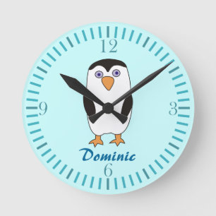 Cartoon Penguin Kids Name Aquamarine  Wall Clocks Runde Wanduhr