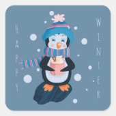 Cartoon Penguin with Hot Cocoa Blue Sticker (Vorderseite)