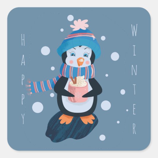 Cartoon Penguin with Hot Cocoa Blue Sticker (Vorderseite)