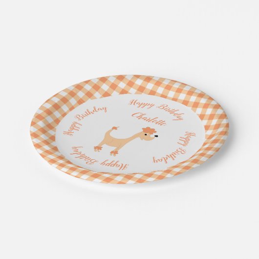 Cartoon Pfirsichpfirsich Posh Paws Gingham Geburts Pappteller (Schrägansicht)