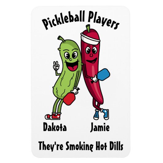 Cartoon Pickle und Pepper Hot Dill Pickleball Team Magnet (Vertikal)