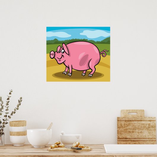 Cartoon Pig auf einem Bauernposter Poster (Küche)
