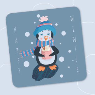 Cartoon-Pinguin mit heißer Schokolade Blau Aufkleb Quadratischer Aufkleber