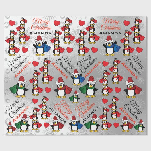 Cartoon Pinguin Stack - Personalisieren Geschenkpapier (Flach)