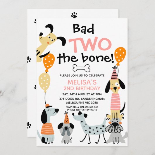 Cartoon Pink Bad Two Der Knochen Hunde 2. Geburtst Einladung (Vorne/Hinten)