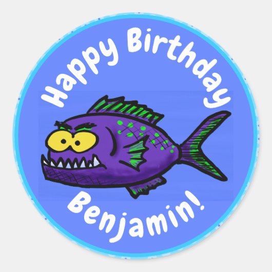 Cartoon Piranha Runder Aufkleber (Vorderseite)