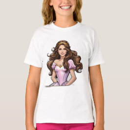 Cartoon Princess Long Hair Tiara Crown Ball Gown T-Shirt