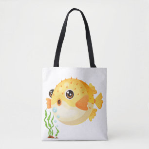 Cartoon Puffer Fisch mit Algen Tasche