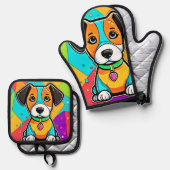 Cartoon Puppy Art Print Ofenhandschuh & Topflappen-Set (Vorderseite/Rückseite)