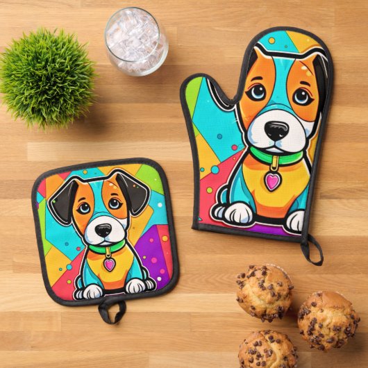 Cartoon Puppy Art Print Ofenhandschuh & Topflappen-Set (Oben Unten)