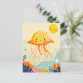Cartoon Qualle Floating by Coral Reef Postkarte (Stehend Vorderseite)