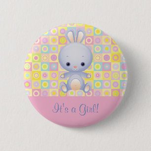 Cartoon Rabbit seine a Girl Birth Announcement But Button