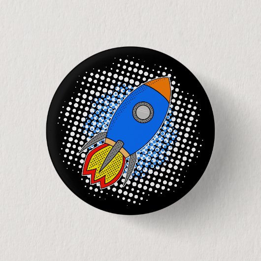 Cartoon-Rakete mit Halftones-Galaxie Button (Vorderseite)