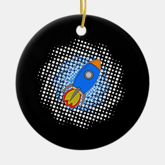 Cartoon-Rakete mit Halftones-Galaxie Keramik Ornament (Vorne)