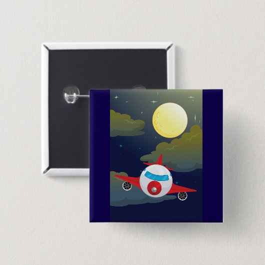 Cartoon Red Airplane Flying In Night Sky Button (Vorne & Hinten)