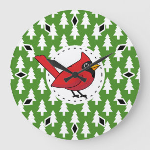 Cartoon Red Cardinal on Green White Pines Pattern Große Wanduhr