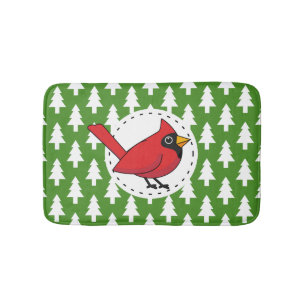 Cartoon Red Kardinal auf Green White Pines Muster Badematte