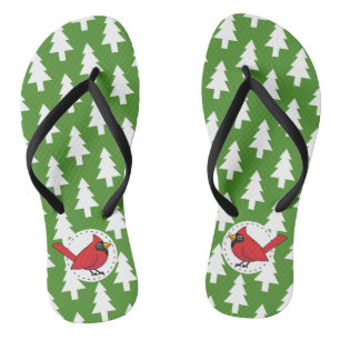 Cartoon Red Kardinal auf Green White Pines Muster Badesandalen