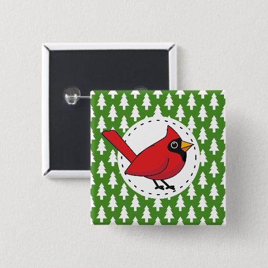 Cartoon Red Kardinal auf Green White Pines Muster Button (Vorne & Hinten)