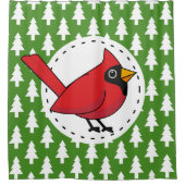 Cartoon Red Kardinal auf Green White Pines Muster Duschvorhang (Vorderseite)
