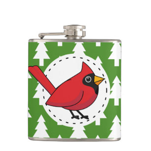 Cartoon Red Kardinal auf Green White Pines Muster Flachmann