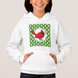 Cartoon Red Kardinal auf Green White Pines Muster Hoodie