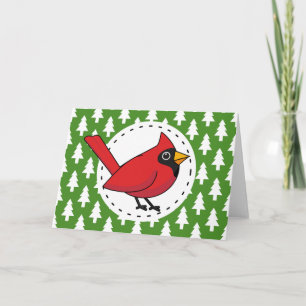 Cartoon Red Kardinal auf Green White Pines Muster Karte