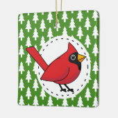 Cartoon Red Kardinal auf Green White Pines Muster Keramikornament (Links)