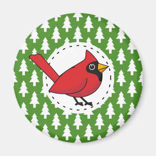 Cartoon Red Kardinal auf Green White Pines Muster Magnet