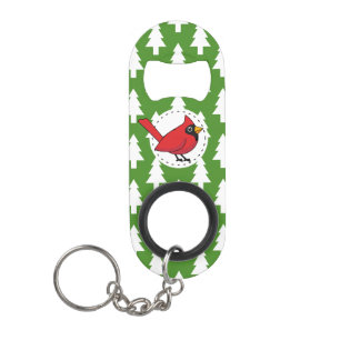 Cartoon Red Kardinal auf Green White Pines Muster Mini Flaschenöffner