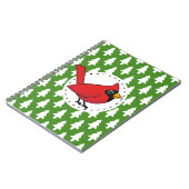 Cartoon Red Kardinal auf Green White Pines Muster Notizblock (Linke Seite)