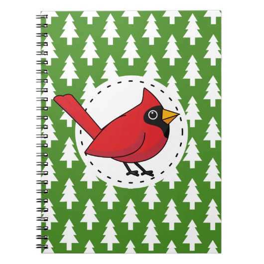 Cartoon Red Kardinal auf Green White Pines Muster Notizblock (Vorderseite)