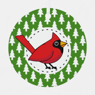 Cartoon Red Kardinal auf Green White Pines Muster Ornament Aus Metall