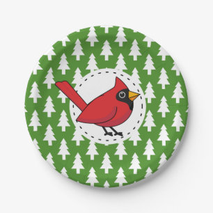 Cartoon Red Kardinal auf Green White Pines Muster Pappteller