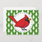 Cartoon Red Kardinal auf Green White Pines Muster Postkarte (Vorne/Hinten)